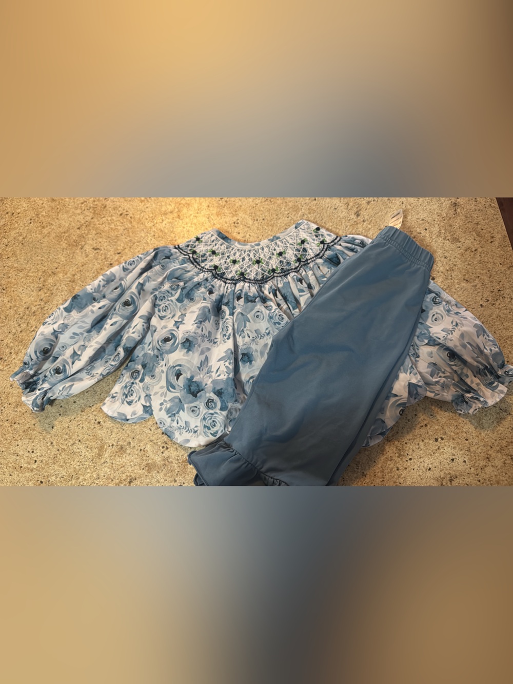 Smocked 2 piece set with ruffle pants